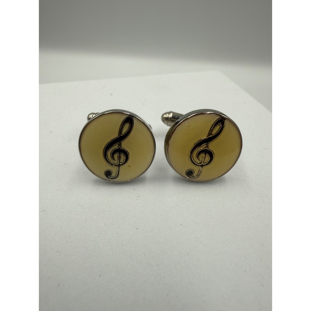 Vintage Treble Clef Music Note Cufflinks Silver Tone‎ Cream Enamel G-Clef Round